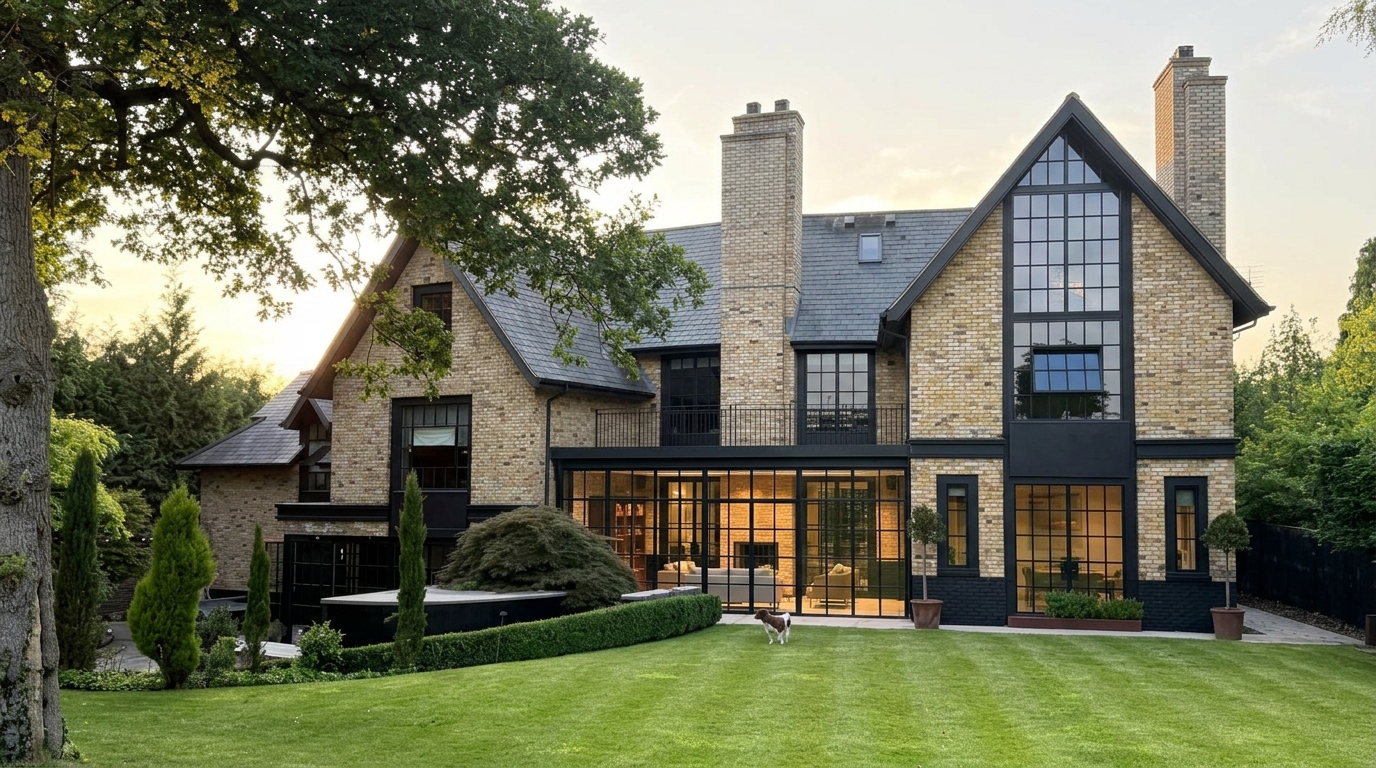 AI concept rendering: Crittall-style glass living room extension under the existing balcony